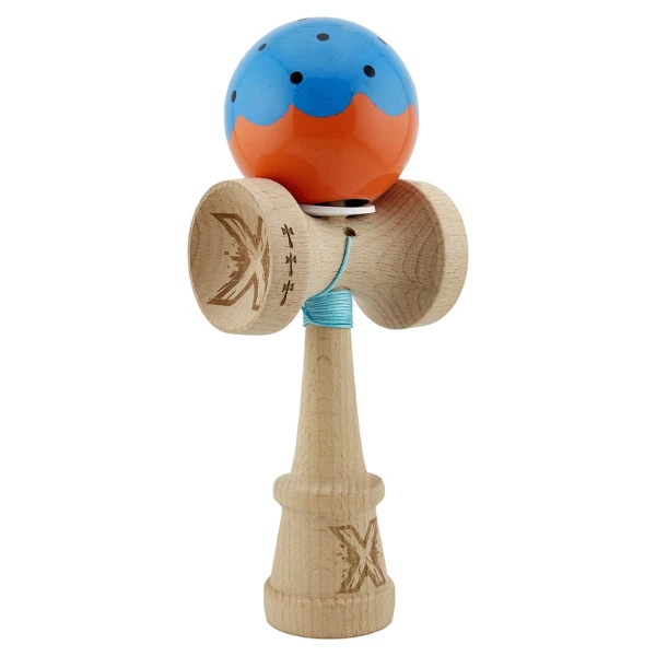 "kendama flippy x original", profesională, rulment metalic, ața 62/65 cm, ultra aderent, cupe mari, king size 7.5 х 6 х 18 cm, albastru-portocaliu 5