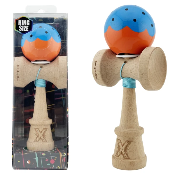 "kendama flippy x original", profesională, rulment metalic, ața 62/65 cm, ultra aderent, cupe mari, king size 7.5 х 6 х 18 cm, albastru-portocaliu 7