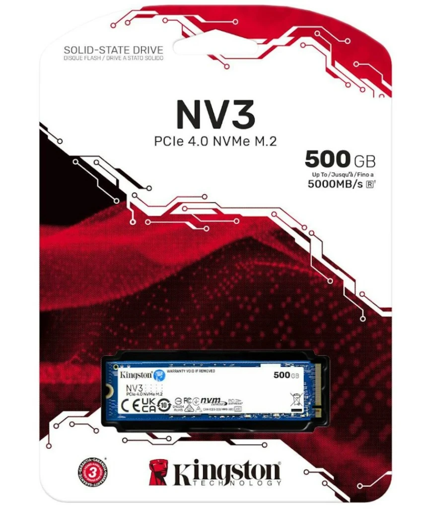 M.2 nvme ssd 500gb kingston nv3, interface: pcie4.0 x4 / nvme1.3, m2 type 2280 form factor, sequential reads 5000 mb/s, sequential writes 3000 mb/s, s 3