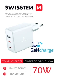 Universal home charger swissten gan 2x usb-c + 1x usb 70w white