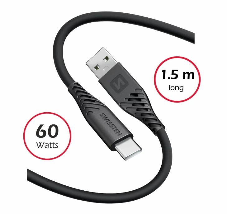 Data cablu swissten soft silicone usb / usb-c 1.5m 60w black 2