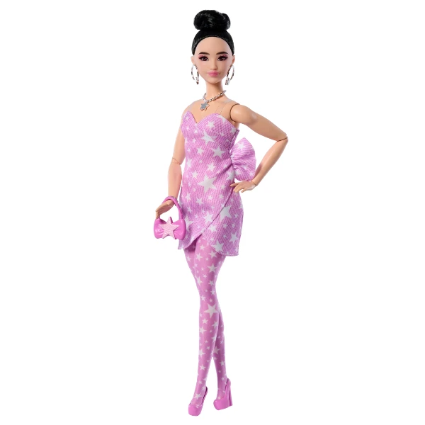 Păpușa barbie "fashionistă în rochie din denim roz cu imprimeu stelat" 2