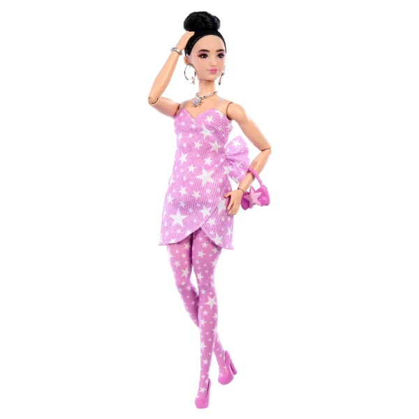 Păpușa barbie "fashionistă în rochie din denim roz cu imprimeu stelat" 5