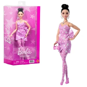 Păpușa barbie "fashionistă în rochie din denim roz cu imprimeu stelat"