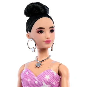 Păpușa barbie "fashionistă în rochie din denim roz cu imprimeu stelat" Thumbnail 4