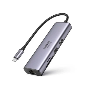 Ugreen hub 7в1 type-c 3.0 на + 2*usb 3.0 + hdmi + gigabit rj45 + sd/tf + pd 95w cm512, серый