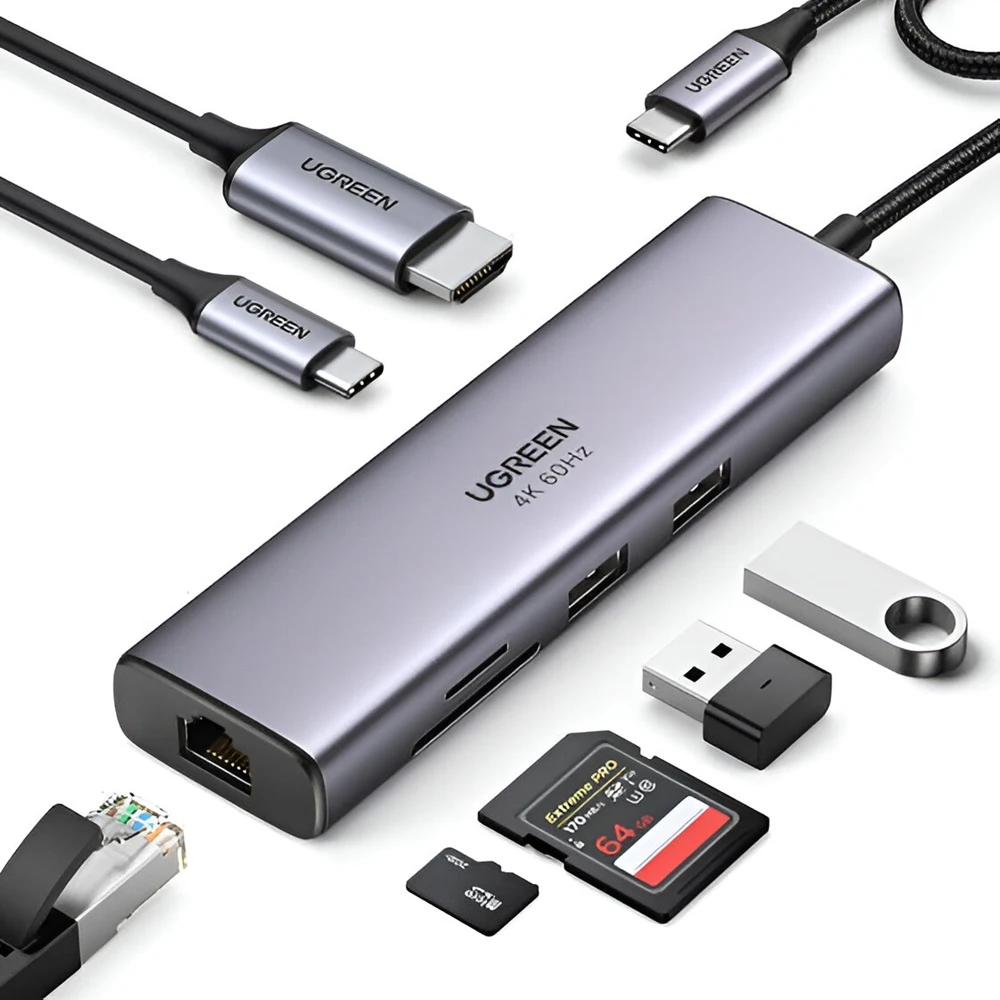 Ugreen hub 7в1 type-c 3.0 на + 2*usb 3.0 + hdmi + gigabit rj45 + sd/tf + pd 95w cm512, серый 2