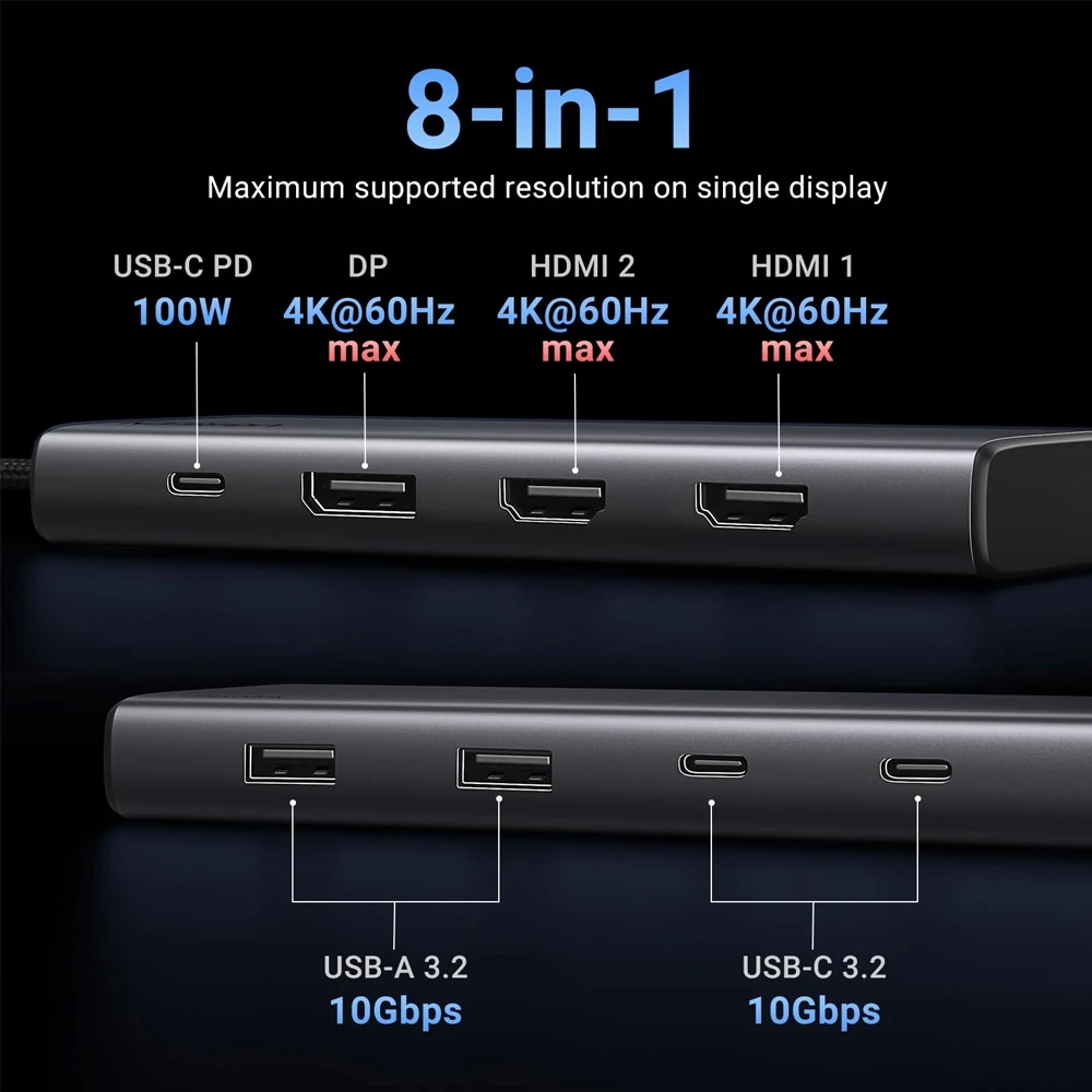 Ugreen hub 8в1 usb-c на 2*hdmi 4k@60hz + dp + 2*usb-a 3.2 + 2*usb-c 3.2 + pd 100w | cm639 3