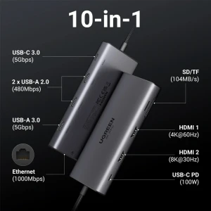 Ugreen hub 10в1 usb-c на 2*hdmi (8k@30hz) + usb-a 3.0 + usb-c 3.0 + 2*usb-a 2.0 + sd/tf + gigabit rj45 + pd (100w) | cm639, space gray Thumbnail 3
