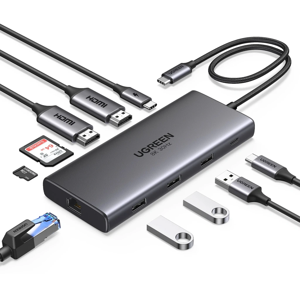 Ugreen hub 10в1 usb-c на 2*hdmi (8k@30hz) + usb-a 3.0 + usb-c 3.0 + 2*usb-a 2.0 + sd/tf + gigabit rj45 + pd (100w) | cm639, space gray 2
