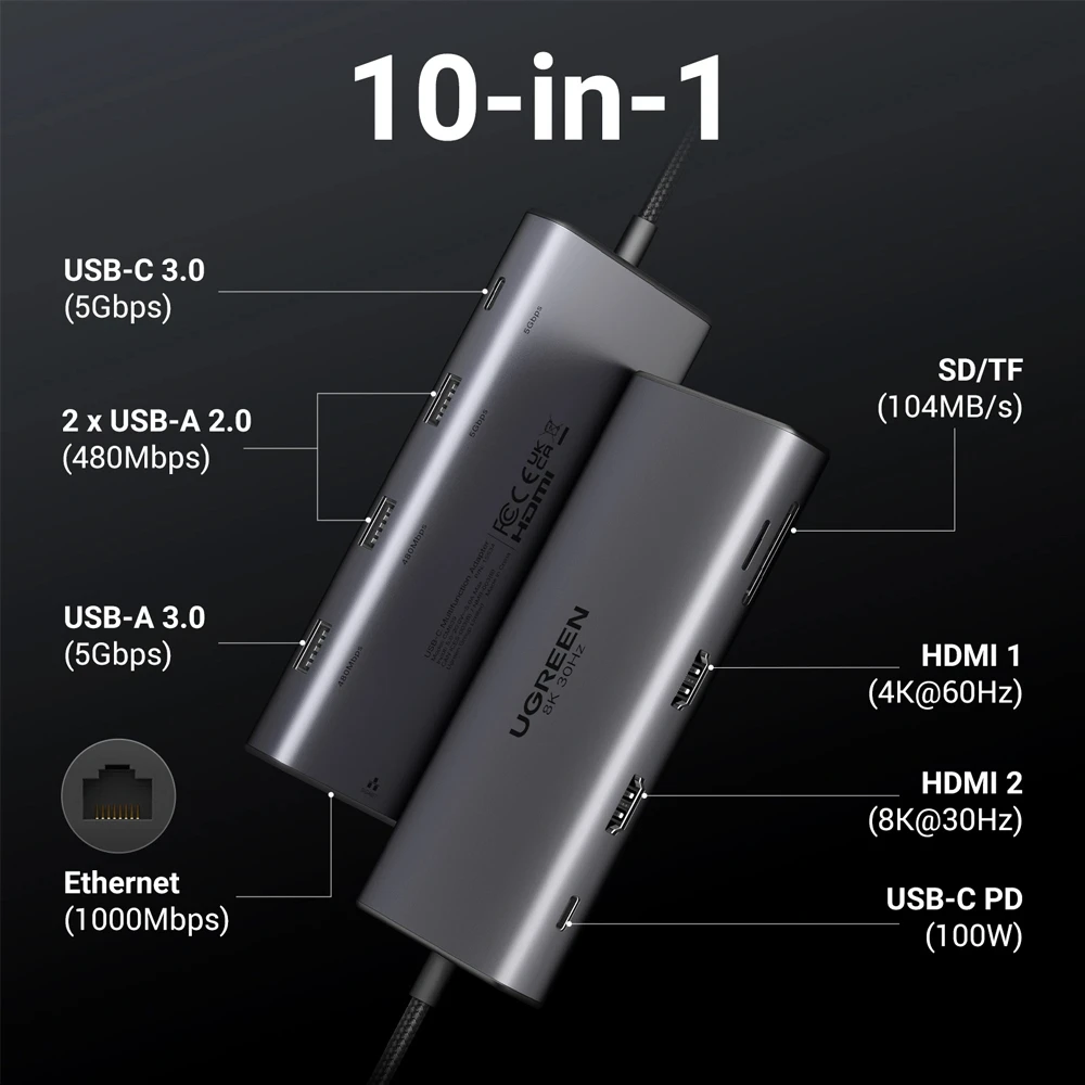 Ugreen hub 10в1 usb-c на 2*hdmi (8k@30hz) + usb-a 3.0 + usb-c 3.0 + 2*usb-a 2.0 + sd/tf + gigabit rj45 + pd (100w) | cm639, space gray 3
