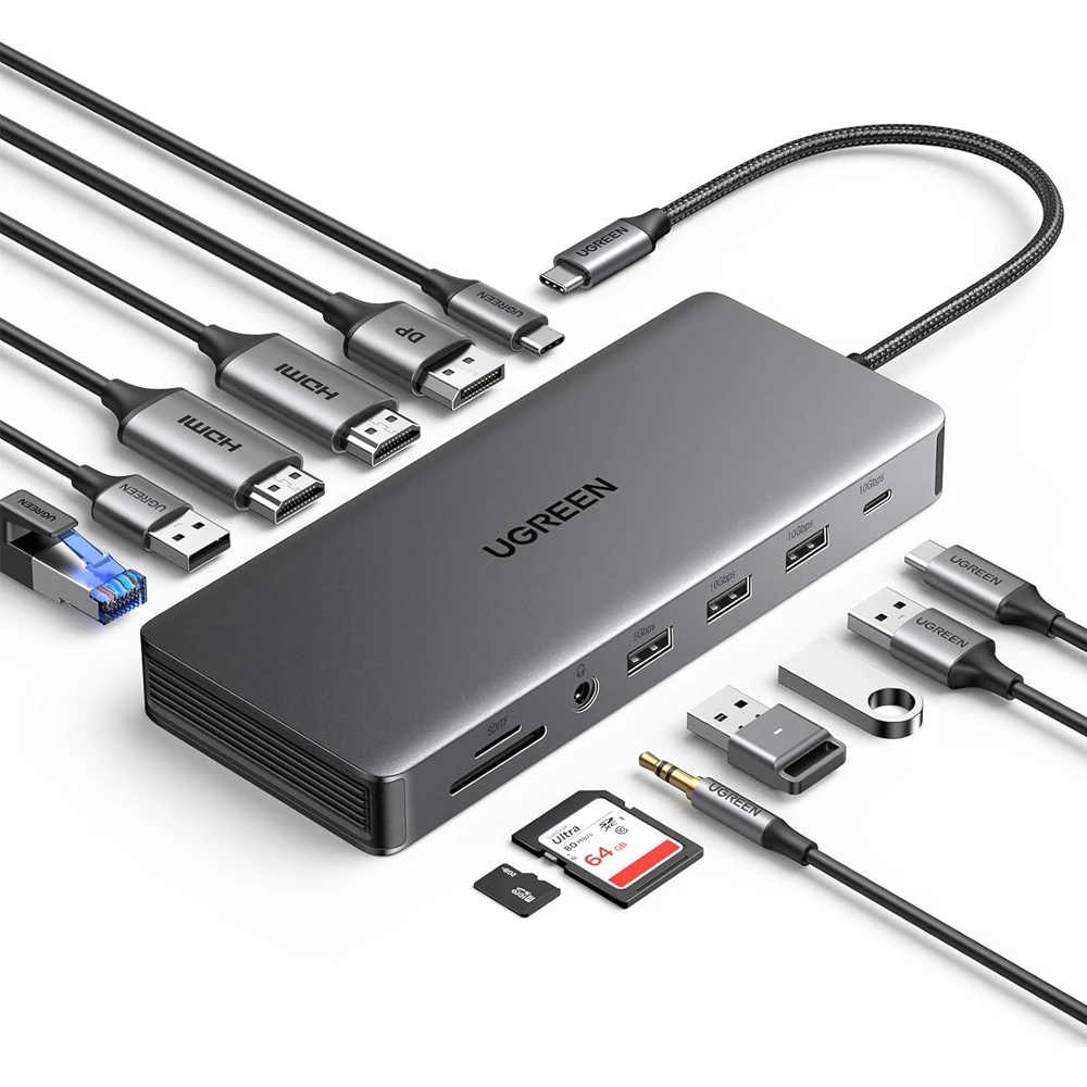 Ugreen hub 13в1 usb-c на 2*hdmi (4k@60hz) + dp + 2*usb-a3.2 + usb-c3.2 + 2*usb-a3.0 + sd/tf + gigabit rj45 + 3.5 мм + pd (100w) | cm681, космический серый 3