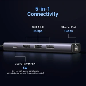 Ugreen hub usb-a 3.0 на 3*usb3.0 + rj45 (1000m) ethernet адаптер cm475, серый Thumbnail 3