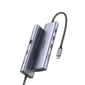 Ugreen hub 9в1 usb-c на hdmi (4k@60hz) + vga + 3×usb-a 3.0 + gigabit rj45 + sd/tf + pd 100w | cm498, серый