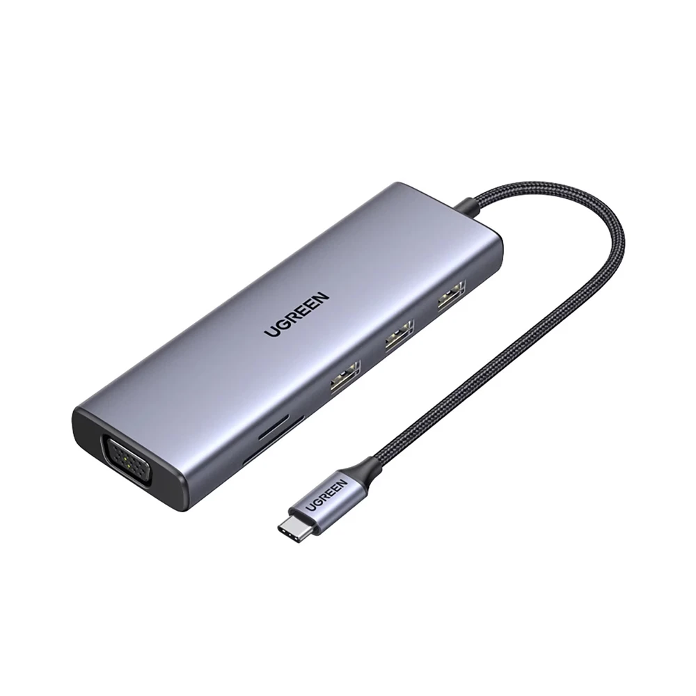 Ugreen hub 9в1 usb-c на hdmi (4k@60hz) + vga + 3×usb-a 3.0 + gigabit rj45 + sd/tf + pd 100w | cm498, серый 3