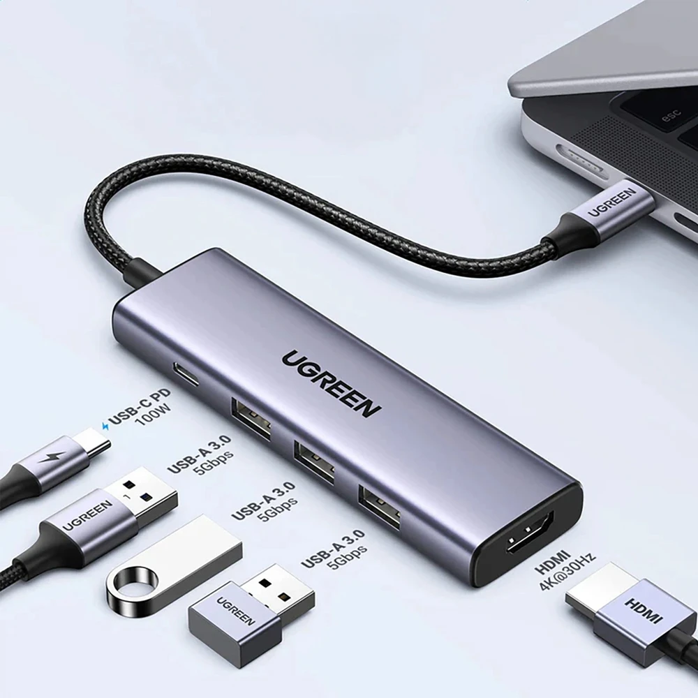 Ugreen hub 5в1 type-c на 3*usb 3.2 + hdmi 2.0 + кардридер sd + кардридер tf + usb type-c pd 100w | cm511, серый 3