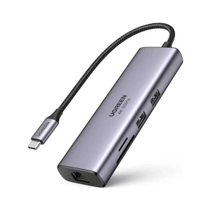 Ugreen hub 7в1 usb-c на 4k@60hz hdmi + 2×usb-a 3.0 + rj45 gigabit + слот для sd/tf карт + pd 100w | cm512, серый