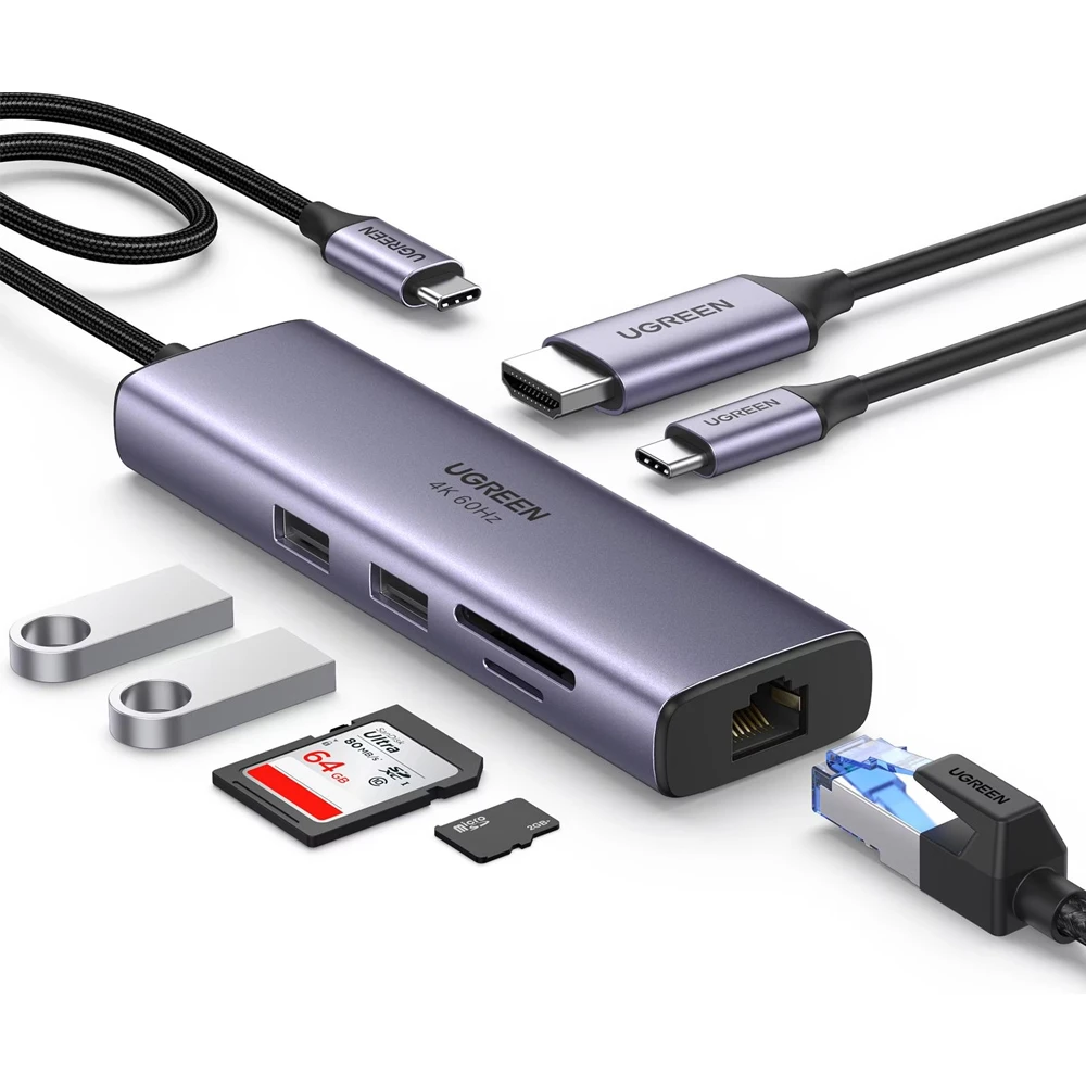 Ugreen hub 7в1 usb-c на 4k@60hz hdmi + 2×usb-a 3.0 + rj45 gigabit + слот для sd/tf карт + pd 100w | cm512, серый 2