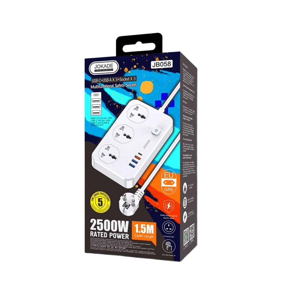 Jokade jb058 3-outlet universal socket with 1c3a usb ports (eu plug), white 3