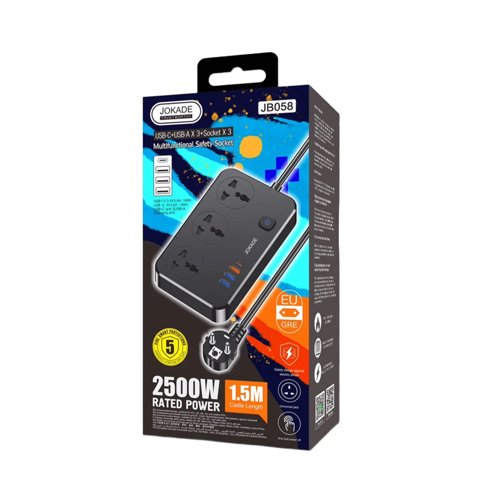 Jokade jb058 универсальная розетка на 3 гнезда с usb 1c3a (вилка eu), черная 3