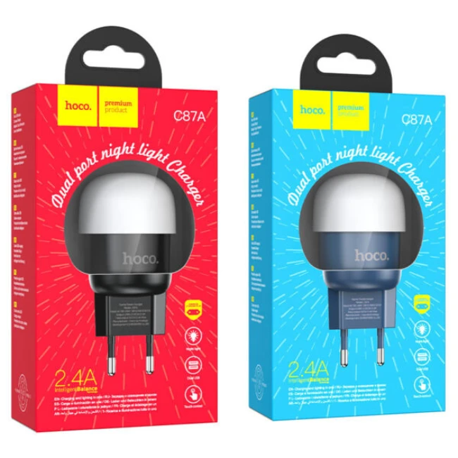 Încărcător cu lumină de noapte hoco c87a sparkle cu două porturi (ue) negru 3