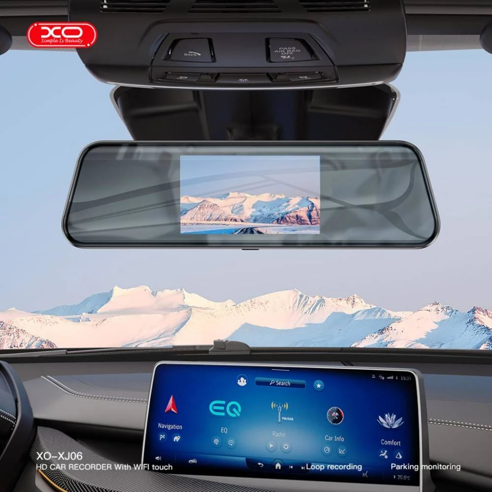 Автомобильный видеорегистратор xo xj06 с интеллектуальным зеркалом заднего вида, 5-дюймовым экраном, wi-fi и сенсорным управлением (без карты памяти), черный. 2