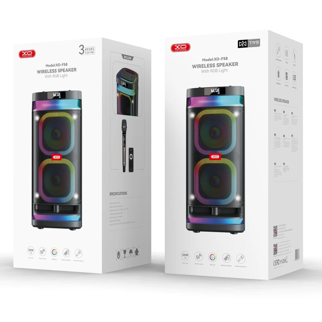 Boxă bluetooth xo f58 shine cu două wooferuri rgb de 6 inch, 40w (cu telecomandă + microfon wireless*1), neagră 2