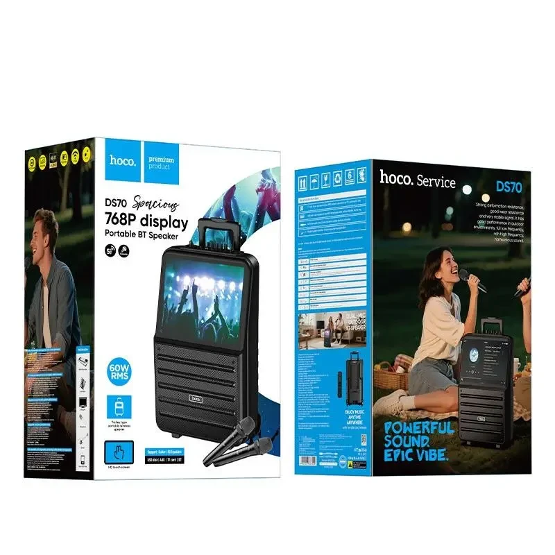Hoco ds70 просторная уличная караоке-колонка 768p с bluetooth, двумя микрофонами и дисплеем (ес), черная 2