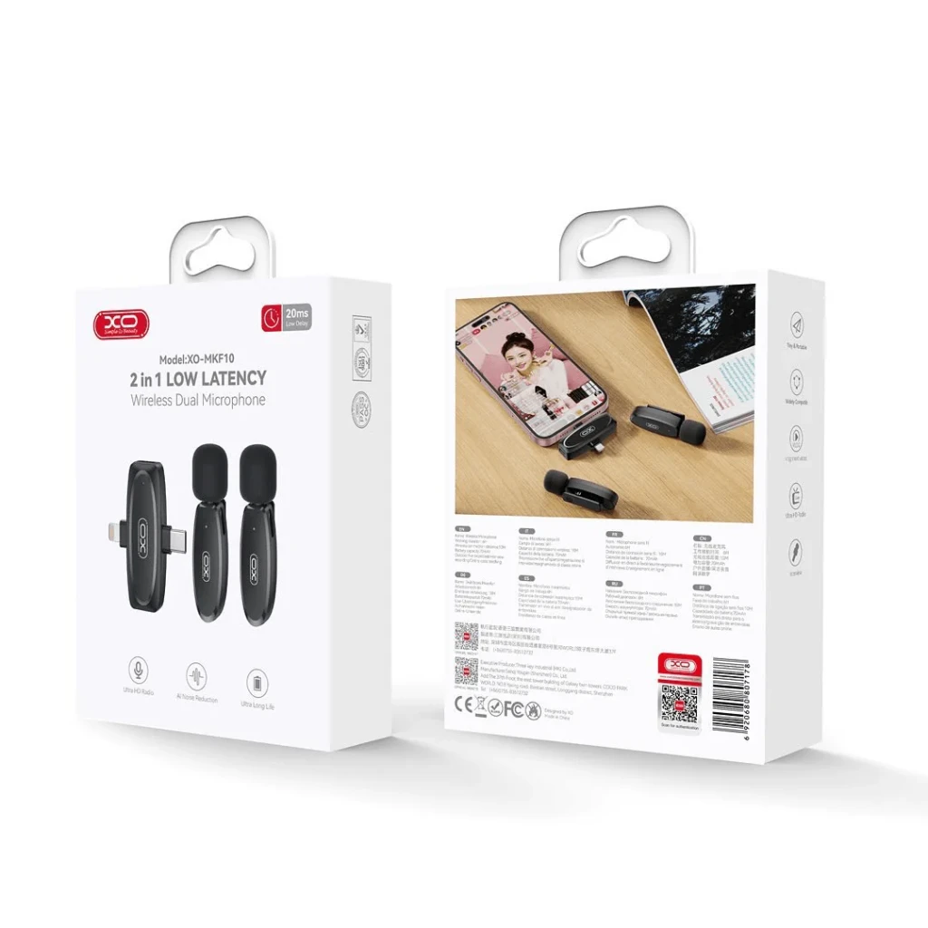 Microfon wireless xo mkf10 type-c+lightning 2 în 1 cu latență redusă, negru 2