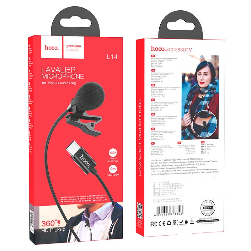 Петличный микрофон hoco l14 type-c, черный 4