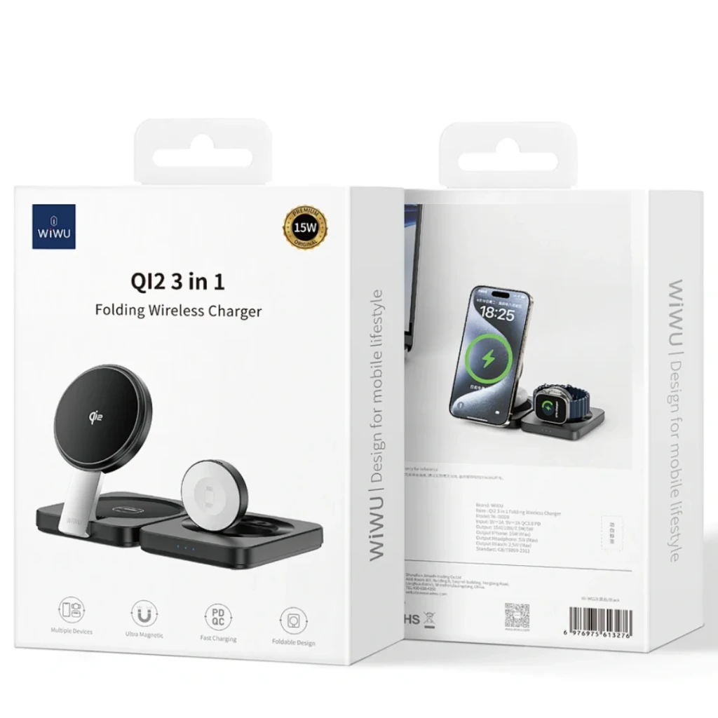 Încărcător wireless pliabil wiwu qi2.0 3 în 1 wi-w028 negru 2