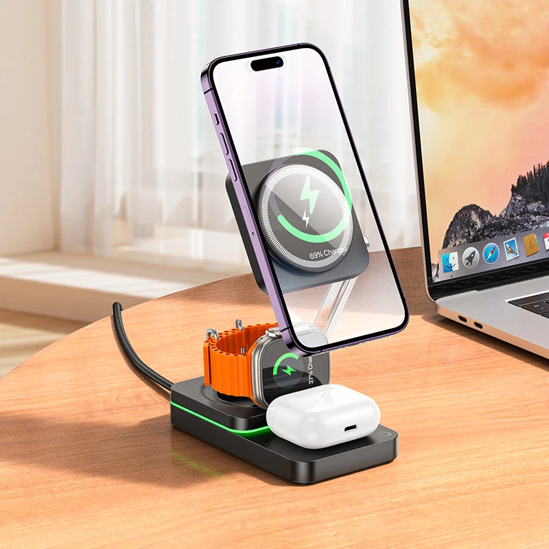 Încărcător rapid wireless pliabil hoco cq10 consuelo 3 în 1, negru 4