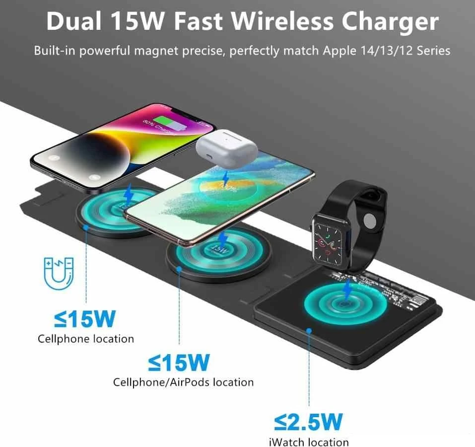 Încărcător rapid wireless magnetic pliabil hoco cq4 unique 3 în 1, negru 2