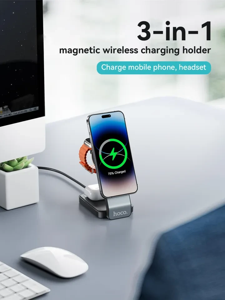 Încărcător rapid wireless magnetic 3 în 1 pliabil pentru motocicletă hoco cq3, negru 3