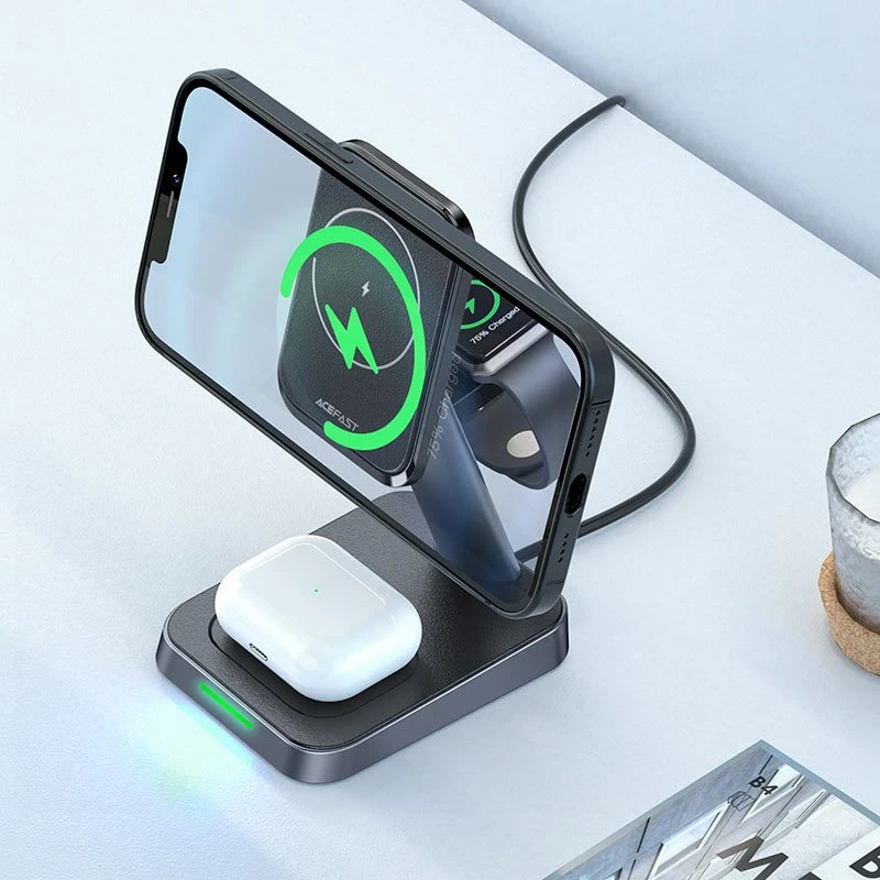 Беспроводная зарядная подставка acefast e3 для настольного использования, три в одном, черная. 6