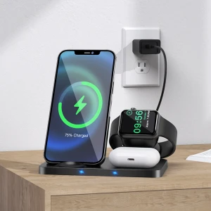Вертикальное беспроводное быстрозарядное устройство hoco cw33 ultra-charge 3-в-1, черное.