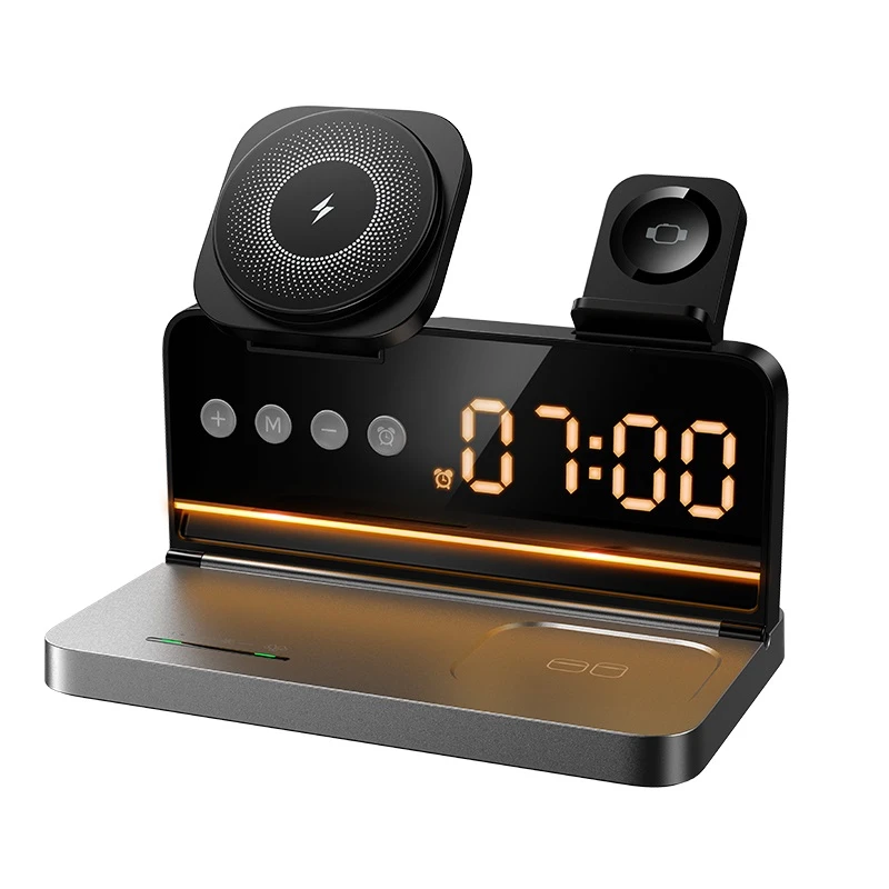 Încărcător wireless hoco dwq03 4 în 1 cu ceas deșteptător, negru 2