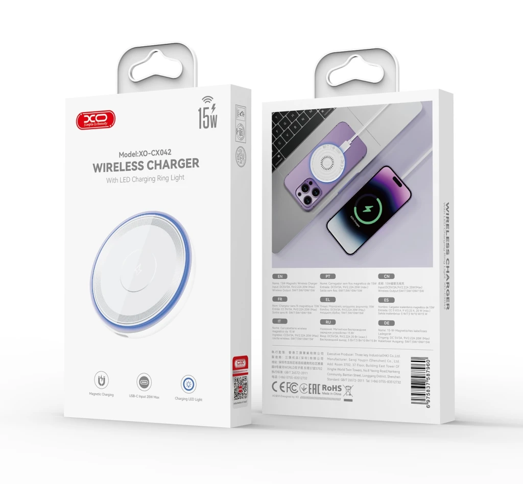 Încărcător wireless magnetic de birou xo cx042 cu lumină albastră, 15w, alb 2