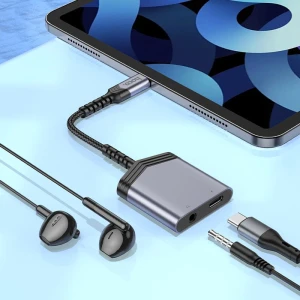 Цифровой аудиоконвертер hoco ls39 type-c в type-c+3.5, металлический серый.