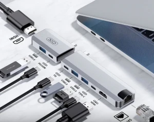 Xo hub017 type-c 9-в-1 магнитная металлическая док-станция (type-c к usb3.0*3+hdmi*2+pd*2+rj45+type-c p)