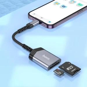 Кардридер hoco ua25 2-в-1, ip-порт, металлический серый