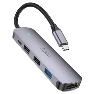 Convertor multifuncțional hoco hb27 type-c (hdtv+usb3.0+usb2.0*2+pd) gri metalizat Thumbnail 2