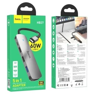Convertor multifuncțional hoco hb27 type-c (hdtv+usb3.0+usb2.0*2+pd) gri metalizat Thumbnail 3