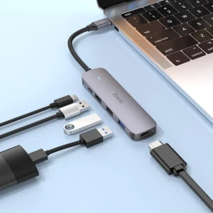 Convertor multifuncțional hoco hb27 type-c (hdtv+usb3.0+usb2.0*2+pd) gri metalizat Thumbnail 2