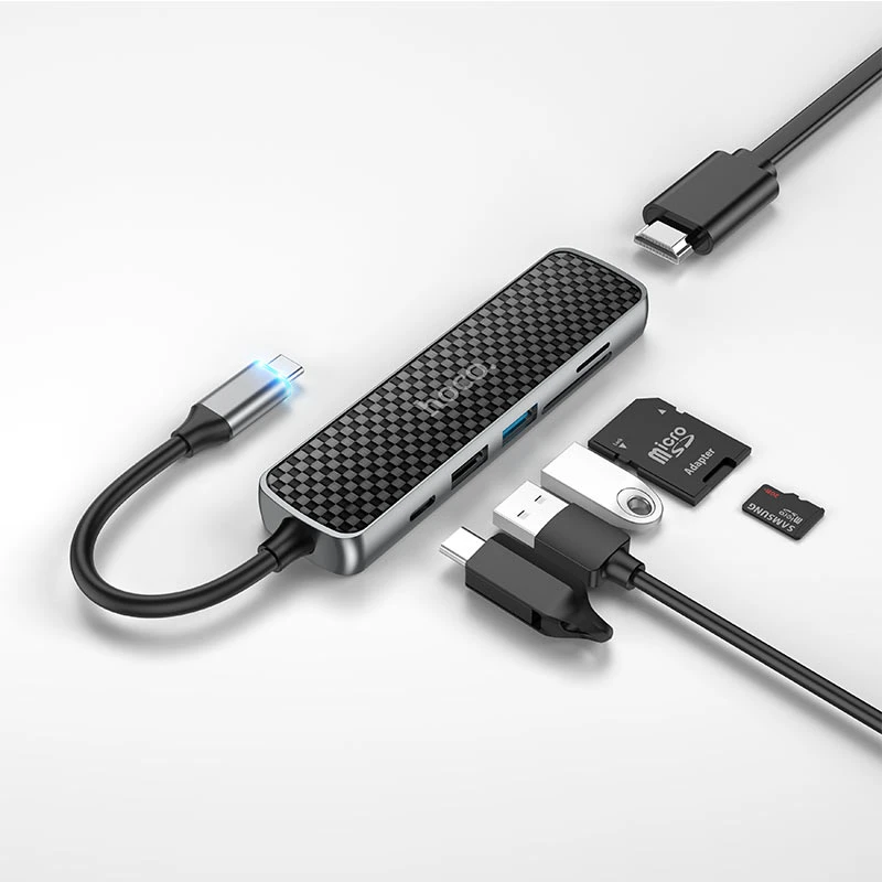 Adaptor multifuncțional hoco hb24 easy display type-c (hdtv+usb3.0+usb2.0+sd+tf+pd) gri metalizat 3