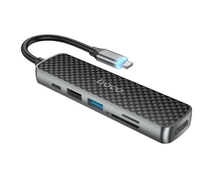 Adaptor multifuncțional hoco hb24 easy display type-c (hdtv+usb3.0+usb2.0+sd+tf+pd) gri metalizat 2