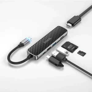 Adaptor multifuncțional hoco hb24 easy display type-c (hdtv+usb3.0+usb2.0+sd+tf+pd) gri metalizat Thumbnail 3