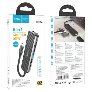 Adaptor multifuncțional hoco hb24 easy display type-c (hdtv+usb3.0+usb2.0+sd+tf+pd) gri metalizat Thumbnail 4