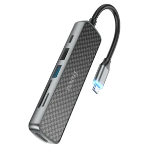Многофункциональный адаптер hoco hb24 easy display type-c (hdtv + usb 3.0 + usb 2.0 + sd + tf + pd), металлический серый.