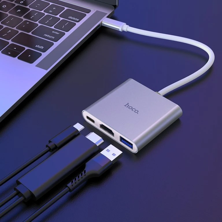 Adaptor hoco hb14 type-c ușor de utilizat (type-c la usb 3.0+hdtv+pd) argintiu 4
